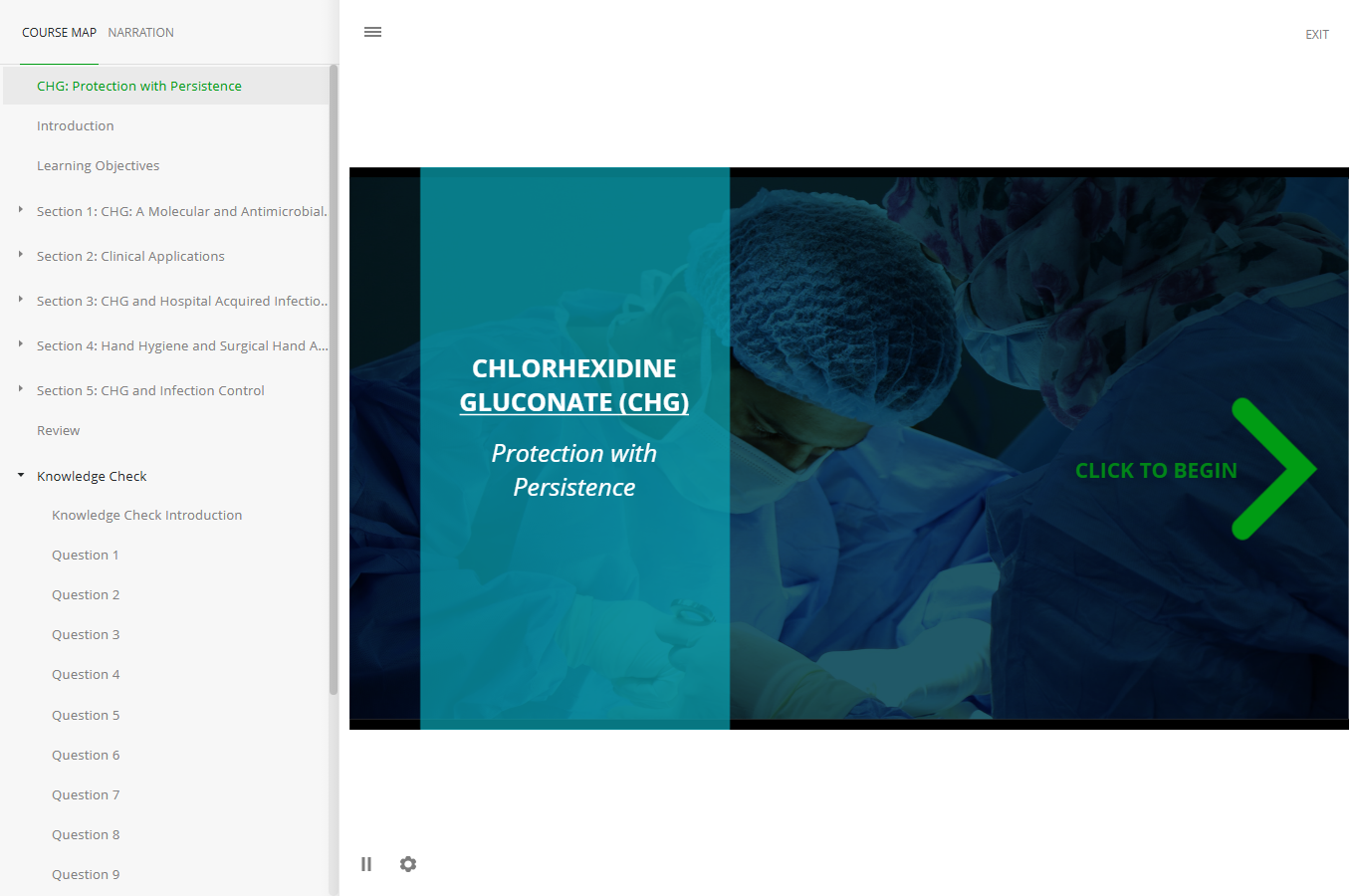 Published Mölnlycke CHG course with course map and narration controls